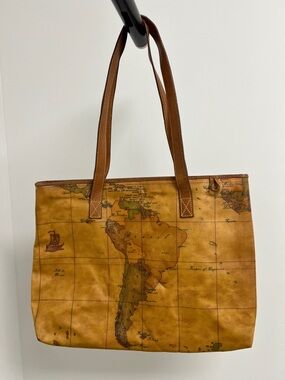 Alviero Martini Map-Print Leather Tote in Tan and Brown